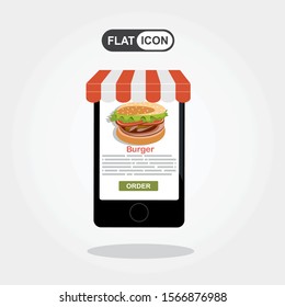 Smartphone with burger on the screen. Order fast food concept. Flat vector illustration.