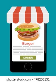 Smartphone with burger on the screen. Order fast food concept. Flat vector illustration.