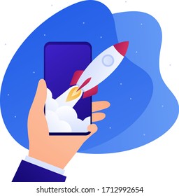 Smartphone business app concept. Vector flat illustration. Rocket launch as metaphore of startup success. Businessman hand holding smart phone. Design for banner, poster, ui.