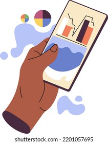 Smartphone with business application for checking stats and analytics, information and data. Screen with diagrams and charts, boss or worker with access to company info. Vector in flat style