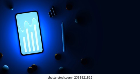 Smartphone with a business chart. Dark background. Vector illustration