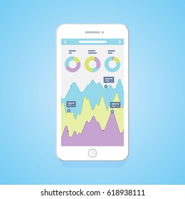 Smartphone and business chart graphs on the screen.  Isolation, blue background. Vector, illustration, flat