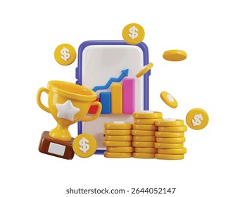 Smartphone con gráfico de línea de negocio y signo de trofeo con pila de monedas de dólar concepto de renderizado 3d para el logro de objetivos de negocios Ilustración vectorial completa de iconos