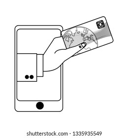 smartphone with businessman hand holding credit card black and white