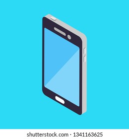 Smartphone with button isometric icon design isolated on blue background. mobile device. Vector illustration.