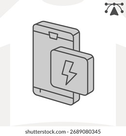 Smartphone and button isometric icon, power saving mode concept. Vector graphics. Lightning bolt shortcut sign and editable stroke, outline style icon for mobile or web design