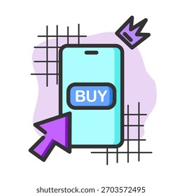 Smartphone com botão Comprar, representando compras on-line e transações de produtos através de aplicativos móveis.