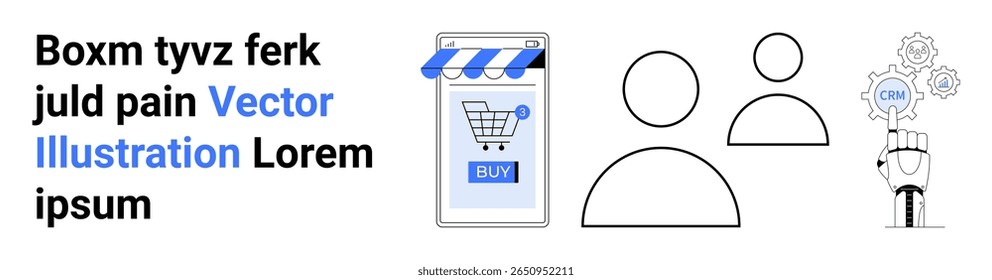 Smartphone com botão de compra, dois perfis de usuário, mão robótica com engrenagem e ícone de SEO. Ideal para e-commerce, gerenciamento de usuários, automação, tecnologia, marketing digital, inteligência artificial, produto