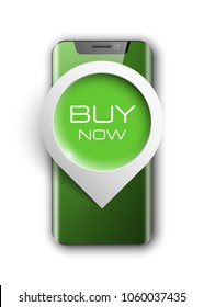 Smartphone "BUY NOW" mobile phone isolated with pointers to determine your location, Communicator PDA realistic illustration. Image smartphone, latest model phone background with pointer icon