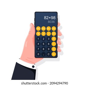 Smartphone with calculator app. Flat design of hand holding phone with calculator app on screen.