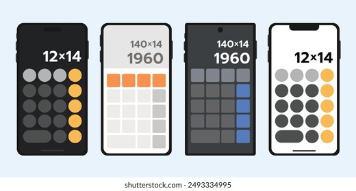 Smartphone mit Taschenrechner-App auf dem Bildschirm in verschiedenen flachen Stilen, Mobile Taschenrechner-App-Schnittstelle auf dem Bildschirm.