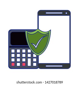 Smartphone and calculator with security shield symbol vector illustration graphic design