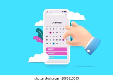 Smartphone calendar - Hand interacting and using calendar app on mobile phone. Vector illustration