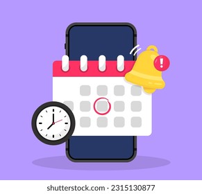 Smartphone with calendar notification message on screen. Reminder in calendar on purple background. Notice of important schedule date. The concept of goal setting and workflow planning. Vector