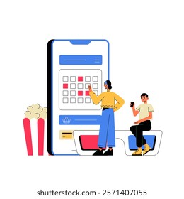 Smartphone With Calendar Screen And Characters Planning Movie Day In Flat Vector Illustration Symbolizing Leisure And Digital Scheduling, Isolated On White Background