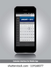 Smartphone with calendar template for mobile apps in editable vector format