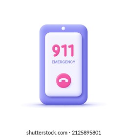 Smartphone. Call 911, emergency call, hotline service. 3d vector icon. Cartoon minimal style.