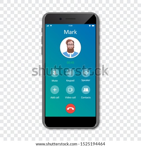 Smartphone call app interface template on a transparent background. Incoming call concept. Vector illustration