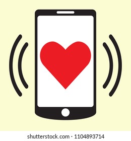 Smartphone call with heart on screen, love message, vector icon