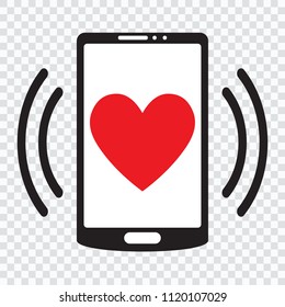 Smartphone call with heart on screen, love message, vector icon