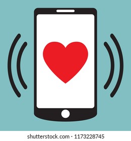 Smartphone call with heart on screen, love message, vector icon
