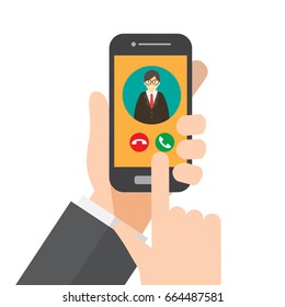 smartphone call , ringing phone. hand holds smartphone. vector illustration.