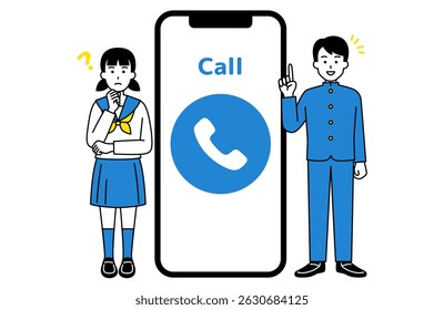 Smartphone with call screen and male and female students
