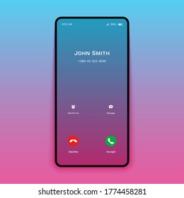 Smartphone call screen mockup. Mobile phone interface screen incoming call accept decline button. Vector illustration.