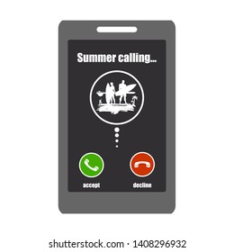Smartphone with call screen. Ready for answer concept. Graphic elements for business. Woman and man posing with surfboard on grunge brush stroke. Palm and lifeguard tower. Tropical island landscape