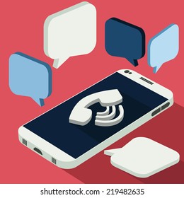 Smartphone call and sends message via sms chat 3d flat design style. White telephone on desk calls