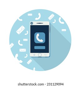 Smartphone call and sends message via sms chat flat design