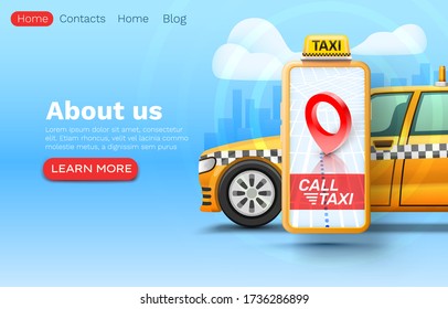 Smartphone call taxi banner concept, place for text, online application, taxi service. Vector illustration