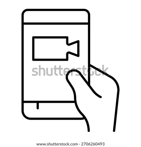 Smartphone with camera app in hand thin line icon, using phone video app concept, touchscreen phone sign on white background, outline style icon for mobile and web design. Vector graphics