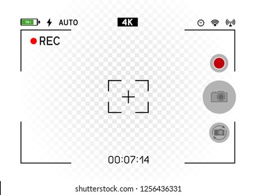 Smartphone camera horizontal viewfinder template with buttons. 4K phone resolution video rec frame on white background. Record video snapshot photography