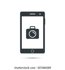 Smartphone with camera icon on screen. Vector isolated illustration.