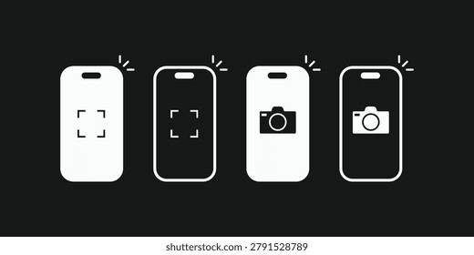 Smartphone camera icon set for UI design. Vector illustration of mobile phone screenshot, capture photo, and camera shutter symbols in flat minimalist style