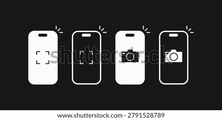 Smartphone camera icon set for UI design. Vector illustration of mobile phone screenshot, capture photo, and camera shutter symbols in flat minimalist style