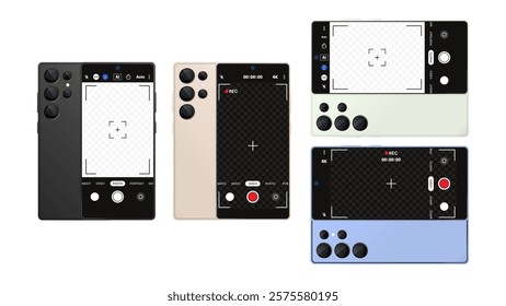 Smartphone Camera Interface: Front and Back Mobile Phone UI for Photo and Video Recording with AI, Lighting, Viewfinder, Grid, Focus, and Record Button. Vector Mockup for Photography and Selfies. 