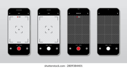Smartphone Camera Interface Mockup Collection with Video Recording, Photo Mode and Transparent Screen for Mobile App UI UX Vector Set