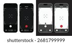 Smartphone camera interface on phone screen, mobile app viewfinder mockup for photo and video recording, digital camera UI template with viewfinder, grid, focus, button and rec. Smartphone mockup for 