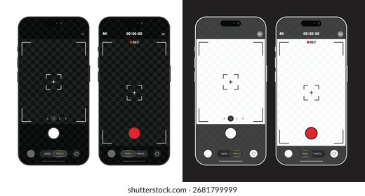 Smartphone camera interface on phone screen, mobile app viewfinder mockup for photo and video recording, digital camera UI template with viewfinder, grid, focus, button and rec. Smartphone mockup for 