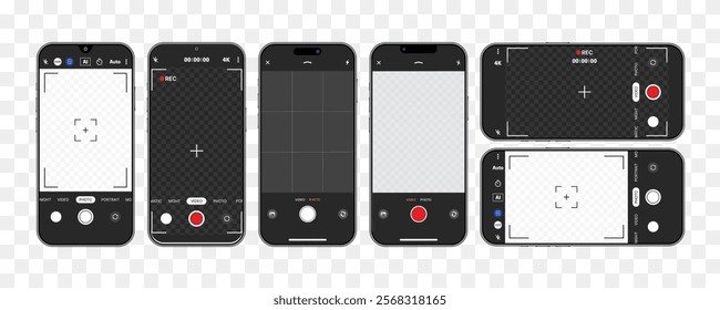 Smartphone Camera Interface: Photo and Video UI for Mobile Apps. Viewfinder, Grid, Focus, and Record Buttons. Vector Mockup for Photography and Selfies. Vector.