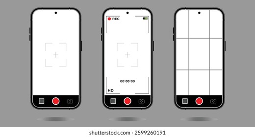 Smartphone Camera Interface. Photo and Video UI for Mobile Apps. Viewfinder, Grid, Focus, and Record Buttons. Vector Mockup for Photography and Selfies. Saved in EPS 10 and fully editable.
