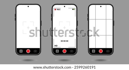 Smartphone Camera Interface. Photo and Video UI for Mobile Apps. Viewfinder, Grid, Focus, and Record Buttons. Vector Mockup for Photography and Selfies. Saved in EPS 10 and fully editable.