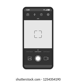 Plantilla vectorial de interfaz de cámara Smartphone. Diseño negro de la interfaz de la aplicación móvil. Foto, pantalla de grabación de video. Interfaz de usuario plana para aplicación de selfie de medios sociales. Pantalla de teléfono con visor