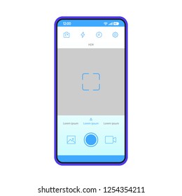 Smartphone Camera Interface Vector Template. Mobile App Interface Blue Design Layout. Photo, Video Recording Screen. Flat UI For Social Media Selfie Application. Phone Display With Viewfinder