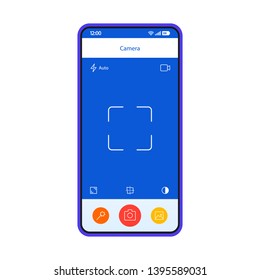 Smartphone camera interface vector template. Mobile camera screen. Photo device. Mobile app page blue design layout. Flat UI for photography application. Photo phone display