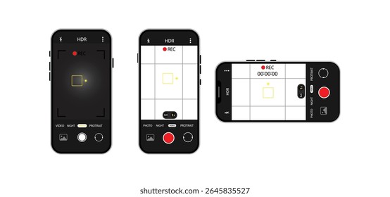 Smartphone Camera Interface Vector – Viewfinder, Grid, Focus and Record Buttons for Photo and Video | Mobile App UI Screen Icons.