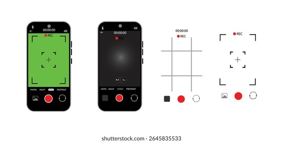 Smartphone Camera Interface Vector – Viewfinder, Grid, Focus and Record Buttons for Photo and Video | Mobile App UI Screen Icons.