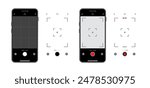 Smartphone Camera Interface: Viewfinder, Grid, Buttons, Lights, and Focus Controls in Mobile Photography Apps. Vector